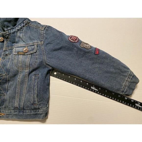 Jean Denim Jacket Boys M 5/6 LEE Pipes Hooded Fleece Lined Warm Coat Patches Y2K - Picture 9 of 16